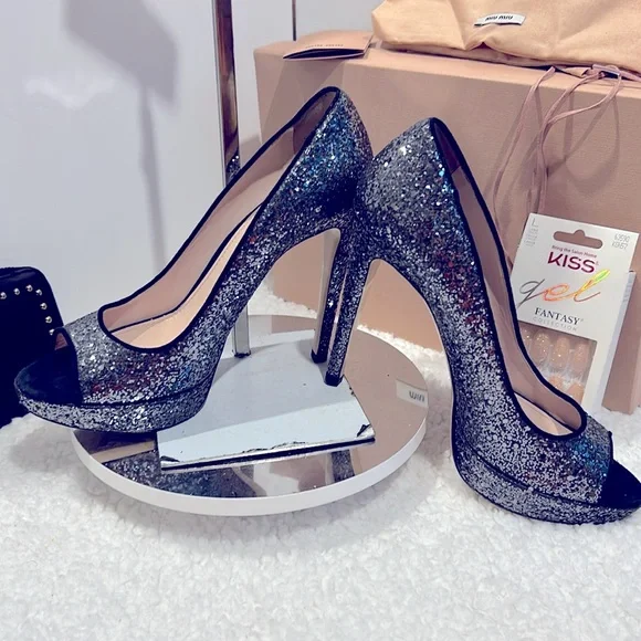 Miu Miu Bkack Wallet & Miu Miu Silver/Black Glitter Heels , DustBag ,Box & Nails - Picture 12 of 16